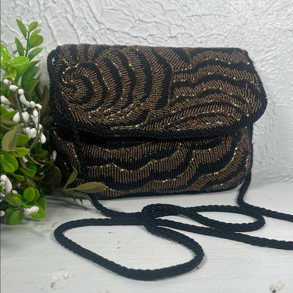 Chadwick Handbags - Chadwick Elegant Black Gold Beaded Crossbody Shoulder Evening Bag Rope Strap